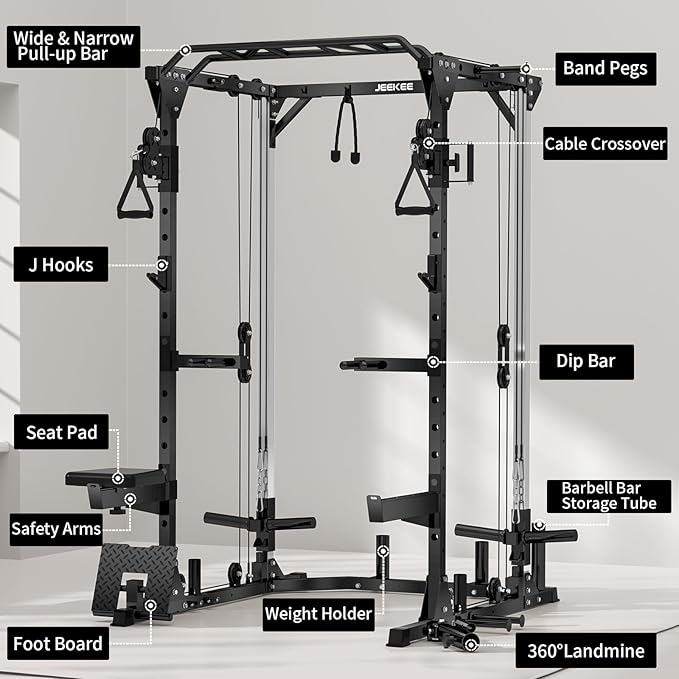 JEEKEE Power Cage with Cable Crossover System, 2000LB Multi-Function Power Rack with Independent Dual Pulleys, LAT Pulldown Seat Cushion, 20+ Attachments Squat Rack for Home Gym Workout,Black