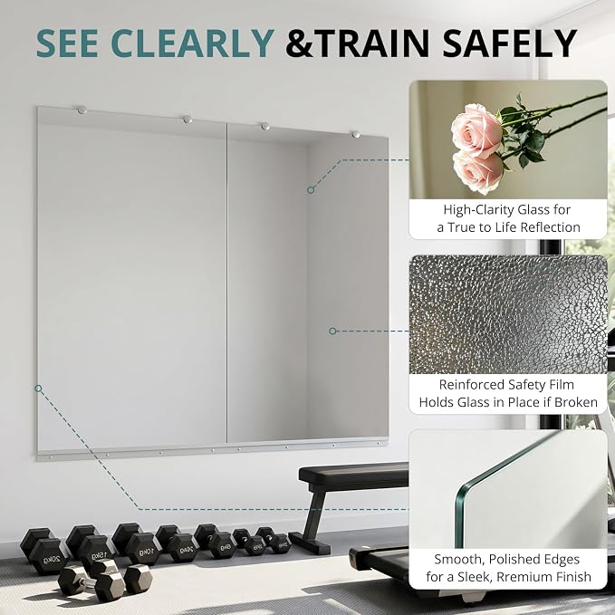 Rovibek 2 Pack Home Gym Mirror, 30x48In Large Workout Mirror for Exercise | Frameless Tempered Glass, Wall-Mounted Gym Mirrors for Home Gym, Garage Gyms, Yoga Rooms and Dance Studios