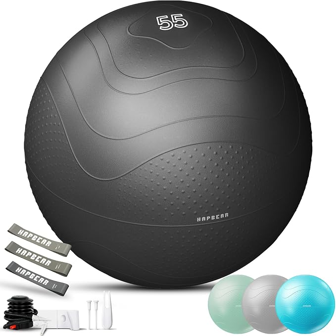 HAPBEAR Exercise Ball- Anti-Burst Slip-Resistant Yoga/Pilates Ball for Core Training & Posture Improvement, Home Gym/Rehab/Pregnancy Ball, Quick Pump & 3 Resistance Bands Included