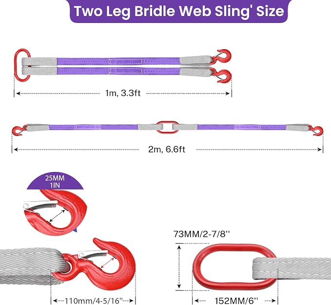 Lifting Slings Straps with Hooks - 3.3 FT, 4409LB Pounds Capacity, Polyester Bridle Sling, Heavy Duty Two Leg Rigging Strap for Engines, Cranes, Hoists, Truck, Purple