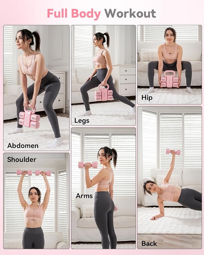 2-in-1 Adjustable Dumbbell & Kettlebell Set for Women (1.1-12.1 lbs), Quick-Change Free Weights for Home Gym, Pilates & Full Body Workout