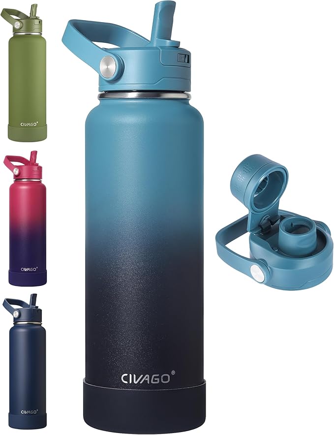 CIVAGO 40 oz Insulated Stainless Steel Water Bottle with Removable Straw | Large Leakproof Metal Water Jug, Sports Thermal Flask Cup with Bucket Handle, Silicone Boot, Dishwasher Safe, Indigo Black