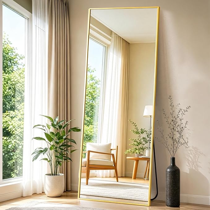 NEWBULIG 71"x26" Full Length Mirror, Full Body Standing Mirror, Gold | Leaning or Standing, Tempered Glass, Aluminum Alloy Thin Frame Floor Stand for Bedroom, Cloakroom