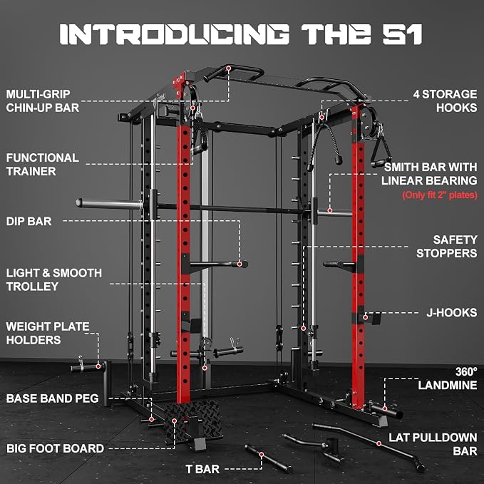 S1-V4 Smith Machine, 2000LBS Power Cage with Cable Crossover System, All-in-One Squat Rack with Smith Bar, Strength Training Equipment for Home Gym