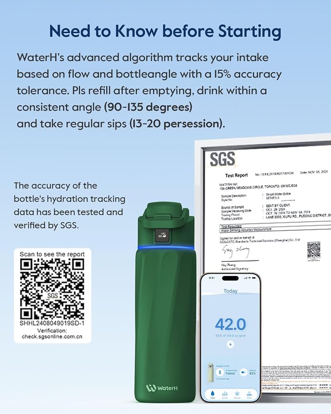 WaterH BOOST Smart Water Bottle Tracker with Reminder to Drink Water, 24oz | BPA-Free Double Wall Vacuum Insulated Stainless Steel, Leakproof, Smart App Tracking, Fits Cup Holders, Wide Mouth for School