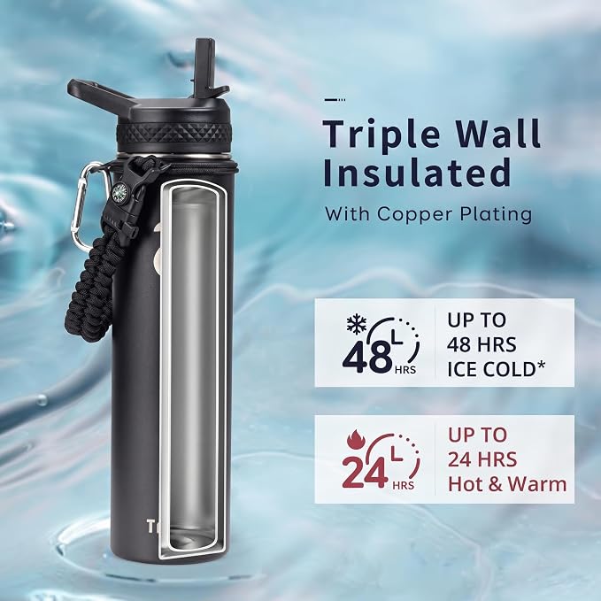 Trebo Insulated Water Bottle 24 oz with 3 Lids, Paracord Handle | Stainless Steel Metal Flask Vacuum, Triple Wall Copper Plated, Dishwasher Safe, Cold 48Hrs for Hiking, Fits in Car Holder