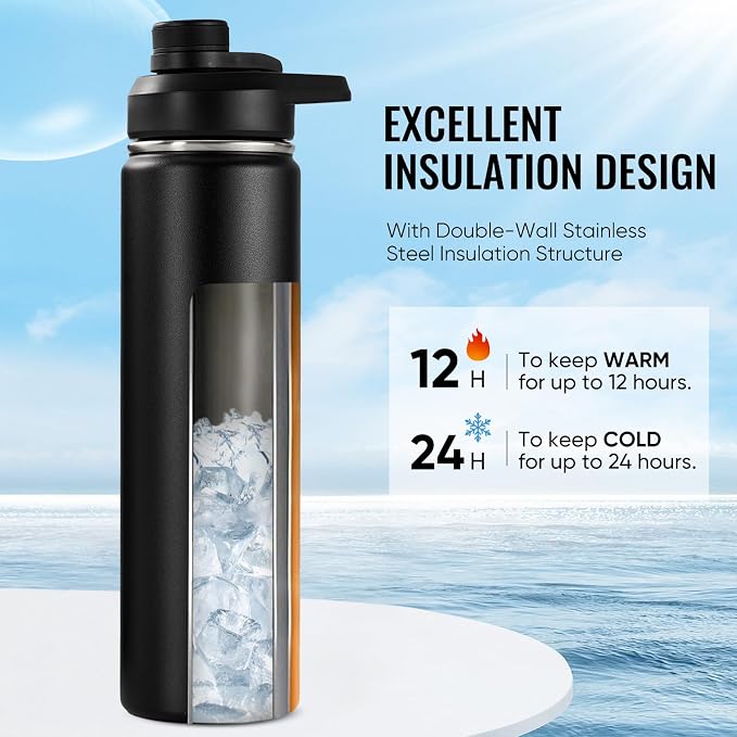 Fijinhom Insulated Water Bottle with Handle, 304 Stainless Steel Water Bottles with Wide Mouth, Double Wall Vacuum Sports Water Bottle, BPA Free, Keep Cold and Hot, 24 Ounces, Black | with Handle