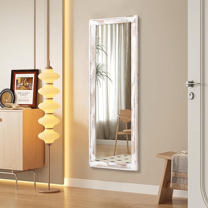 AAZZKANG Wall Mirror Full Length Rustic Wood Framed Large 43"x14" | Rectangular Full Body Mirrors for Bedroom Living Room Bathroom Entryway White Decorative
