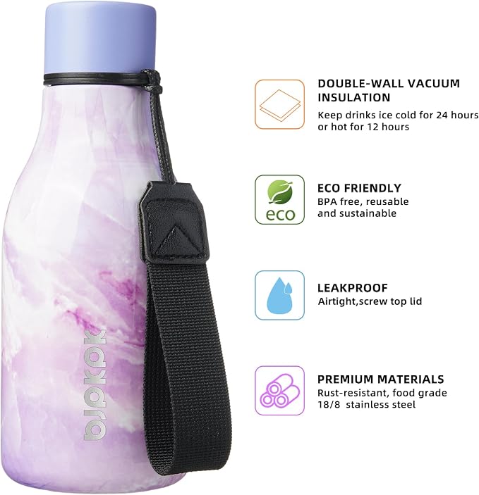 BJPKPK 12oz Insulated Water Bottle, Stainless Steel Bottle with Carry Strap | Keep Cold & Hot Vacuum Insulation, Leak-Proof BPA-Free Design, Slim Bottle Fits Most Cup Holders for Gym, Office & Travel