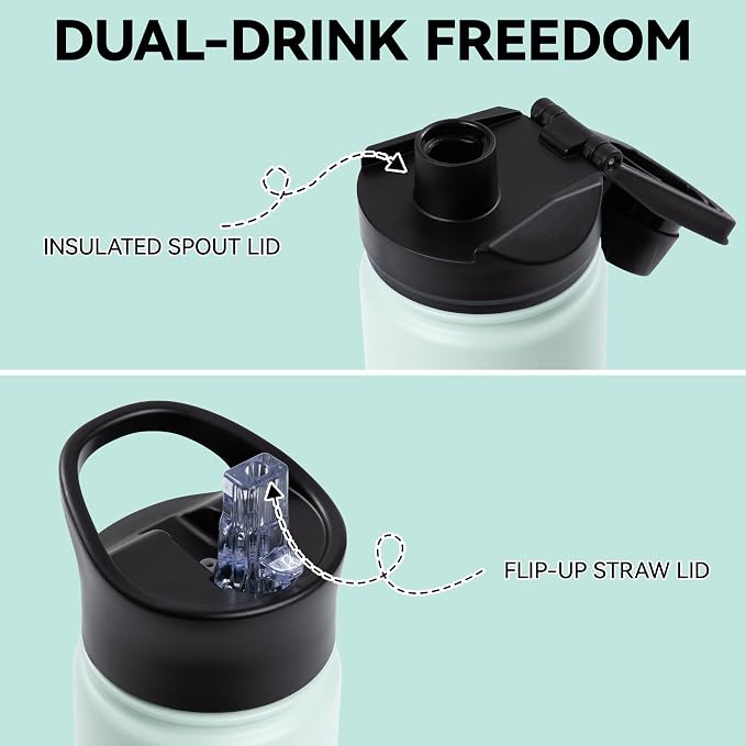16 oz Insulated Water Bottle Bulk 4 Pack, Straw & Spout Lid, Keep Cold 24H, Spill Proof, BPA-Free, Double Wall, Stainless Steel Kids Water Bottles for School, Sports, Turquoise Blue