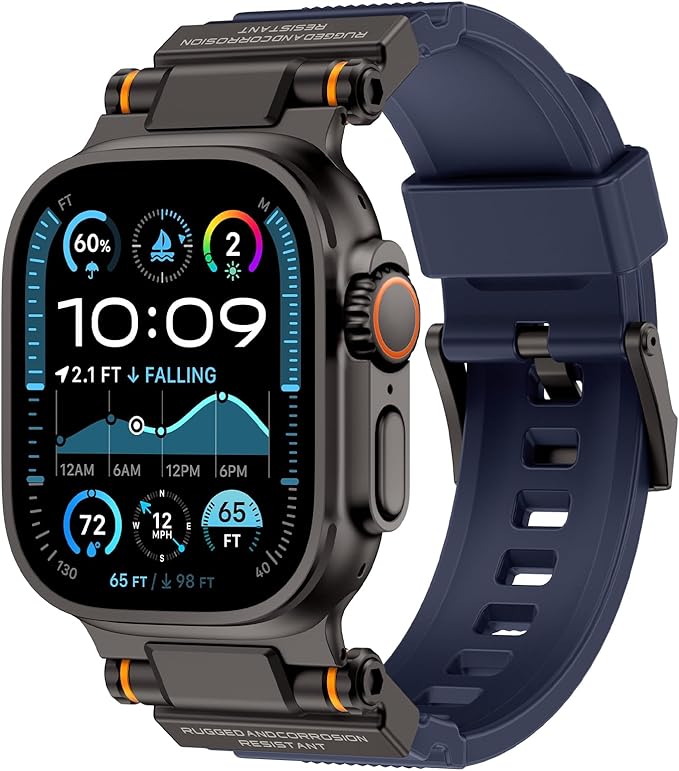 Band Compatible with Apple Watch Ultra 3/2/1 Band 49/46/45/44mm | Metal Connector with Silicone Rugged Strap for iWatch Ultra Series 11/10/9/8/7/6/SE3/SE2/SE/5/4/3/2/1, Navy Blue/Black
