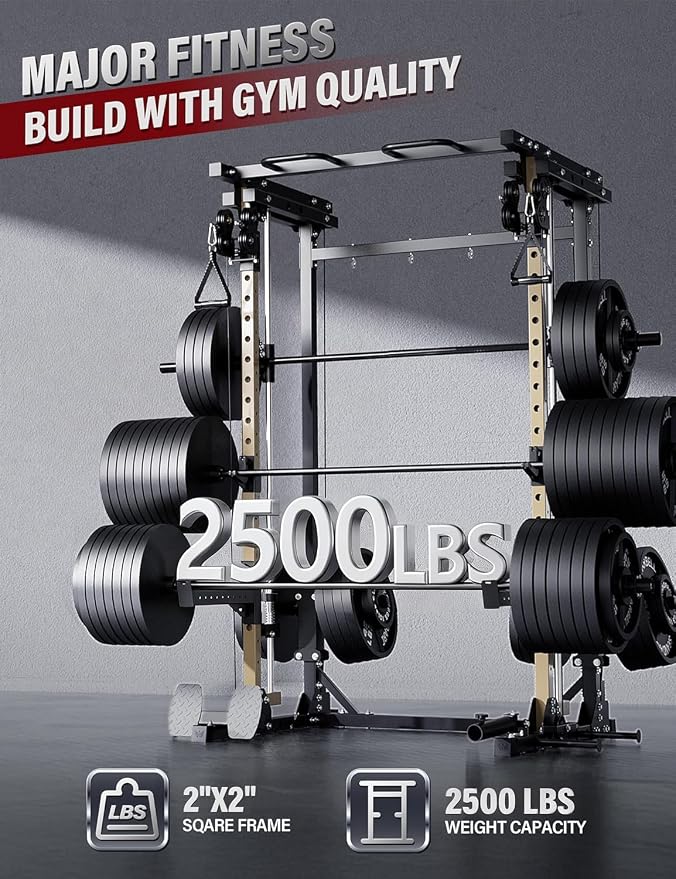 MAJOR FITNESS Drone3 Smith Machine, 2500lbs All-in-One Home Gym Power Rack with Dual Pulley System for Cable Crossover, Pull-Up Bars