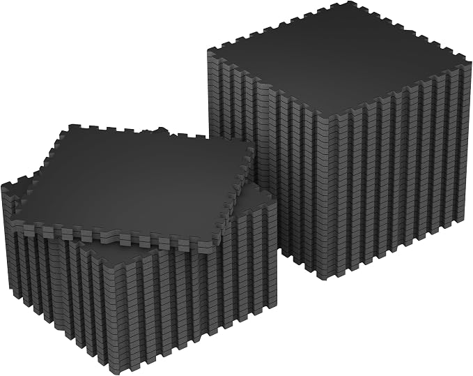 SUPERJARE 1" Extra-Thick Rubber Top Exercise Mat, Puzzle Gym Flooring for Home Gym, Gym Mat for Workout Equipment, Interlocking Floor Tiles with EVA Foam, 48 Pcs 192 Sq Ft, Black