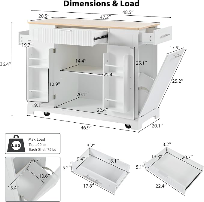 Merax Fluted Kitchen Island with Trash Can Storage Cabinet, Power Outlet, Internal Storage Rack, Rolling Kitchen Storage Cart on 5 Wheels with 3 Drawer, 3 Open Side Racks, White