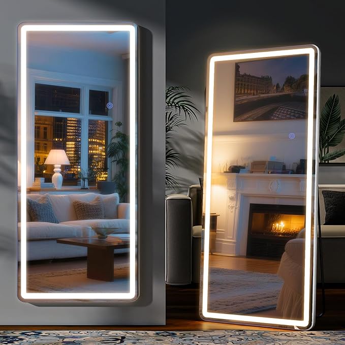Led Mirror Full Length 24 x 65 Inch Tempered Glass | Full Body Mirror with Dimming & 3 Color Lighting Standing Leaning or Hanging Full led Mirrors for Bedroom Dressing Room Rect