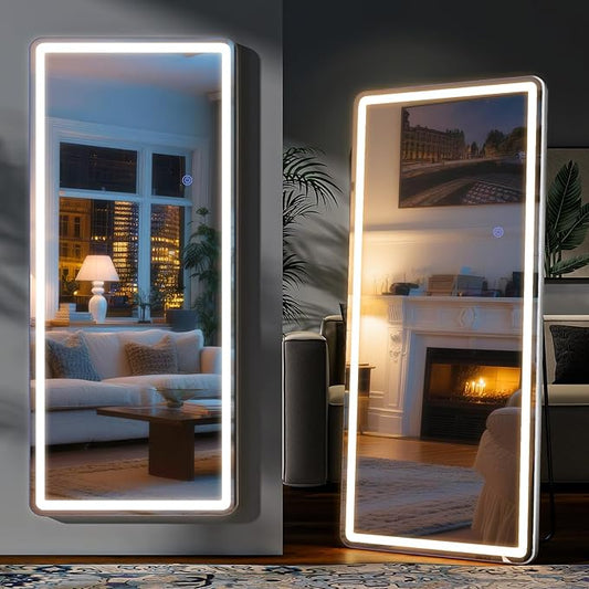 Led Mirror Full Length 24 x 65 Inch Tempered Glass | Full Body Mirror with Dimming & 3 Color Lighting Standing Leaning or Hanging Full led Mirrors for Bedroom Dressing Room Rect