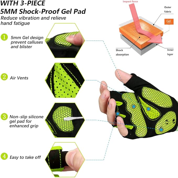 Cycling Gloves Bike Bicycle Gloves, Half Finger 5MM Gel Anti-Slip | Biking Gloves for Men Women Gym workout exercise Motorcycle Hiking Rowing Outdoor Sports