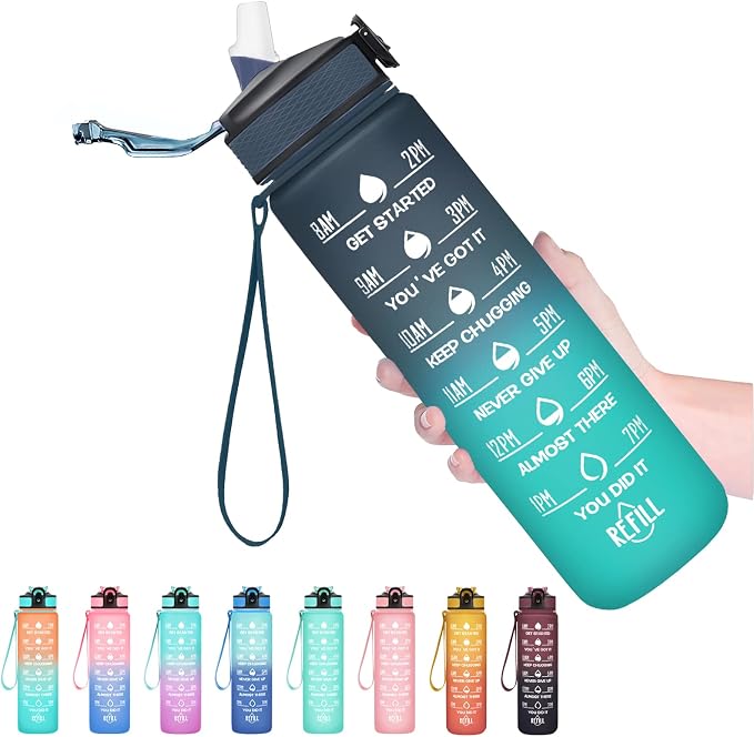 Hyeta Water Bottle with Straw & Time Marker, Plastic 32oz Leakproof | Motivational Tritan BPA Free Gym Office Outdoor Intake Tracker Hourly Reminder Straw Lid Carry Strap