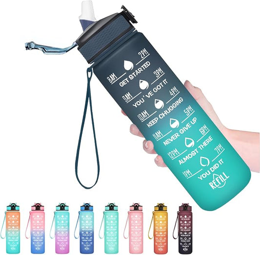 Hyeta Water Bottle with Straw & Time Marker, Plastic 32oz Leakproof | Motivational Tritan BPA Free Gym Office Outdoor Intake Tracker Hourly Reminder Straw Lid Carry Strap