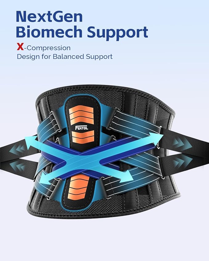 FEATOL Back Brace for Men Lower Back and Women, Removable Dual-Side Spine Lumbar Pad with Snug Fit, Adjustable Support Belt for Work, Orange, Size L 34.5-39"