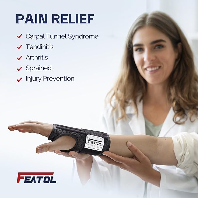 FEATOL 2 Pack Carpal Tunnel Wrist Brace For Work With Wrist Splint, 6.5'' Hand Brace Night Support For Women Men, Pain Relief For Tendonitis, Arthritis, Pregnancy, Typing, Right and Left Hand, Large