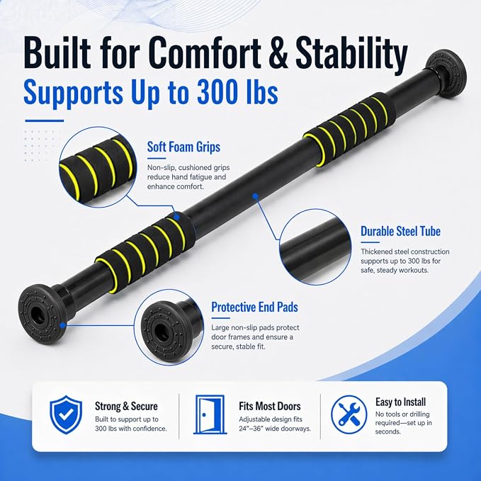 Pull Up Bar for Doorway, Adjustable Door Frame Pull Up Bar with 330 lbs Capacity, No Screw Chin Up Bar for Home Gym Strength Training, Fits 25"–39" Door Frames and Walls