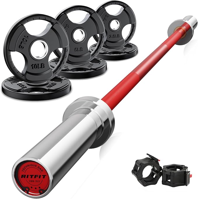 RitFit Barbell Weight Set - 4/6FT Olympic Barbell with Weight Plates (55-115LB Total) - Weightlifting Equipment for Squats, Curls, Deadlifts, Presses, Hip Thrusts