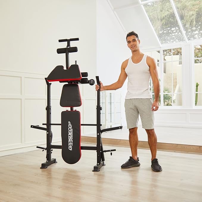 OPPSDECOR Weight Bench Set with Squat Rack, 900LBS Adjustable for Home Gym | Leg Extension & Curl, Preacher Curl Pad, ASTM-Certified 900LBS, Bench Press Rack, Full Body Workout, 2-Second Fold, US Stock