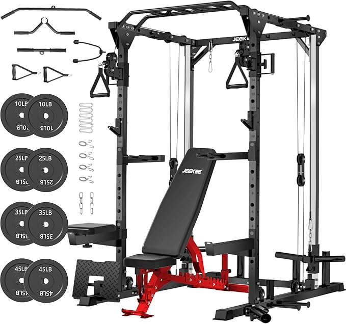 JEEKEE Power Cage with Cable Crossover System, 2000LB Multi-Function Power Rack with Independent Dual Pulleys, LAT Pulldown Seat Cushion, 20+ Attachments Squat Rack for Home Gym Workout,Black