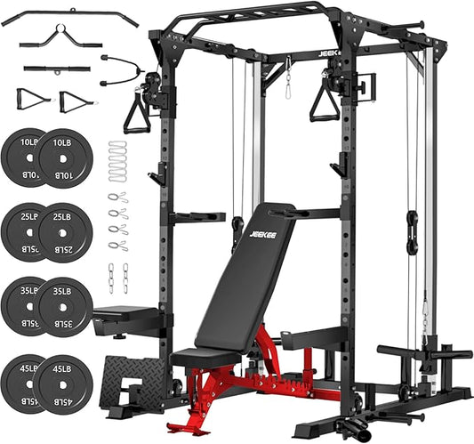 JEEKEE Power Cage with Cable Crossover System, 2000LB Multi-Function Power Rack with Independent Dual Pulleys, LAT Pulldown Seat Cushion, 20+ Attachments Squat Rack for Home Gym Workout,Black