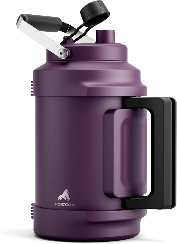 POWCAN 128 oz Insulated Water Bottle: 2-in-1 Straw Spout Lid, Dual Handle, Leakproof, Keep Cold 48H, Gallon Stainless Steel Water Jug for Camping, Travel, Gym, Hydration, Fitness, Daily (Burgundy)
