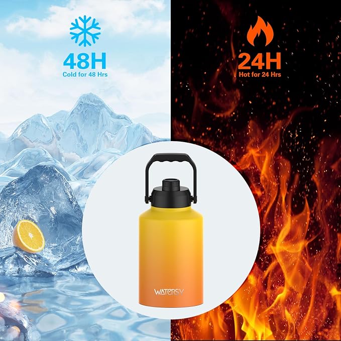 WATERSY Half Gallon Water Bottle Insulated(Cold for 48 Hrs),BPA Free&Leak Proof,64oz Stainless Steel Water Jug/Flask,Big thermo,Large Water Bottle with Handle for Gym,Hiking,Camping,Gradual Yellow