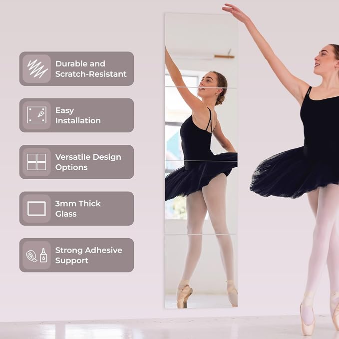 Fitness Mirror Tiles - 12x12 Pack of 4, Full Body Frameless Workout & Exercise Mirror for Home Gym, Stick-On Wall Mirror – Fab Glass and Mirror