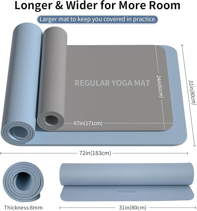 Extra Wide & Thick 8mm Yoga Mat, 72"x31.5" | Large Non Slip Exercise Mat, Premium POE Material, Superior Cushioning & Stability, With Strap for Home Gym, Pilates