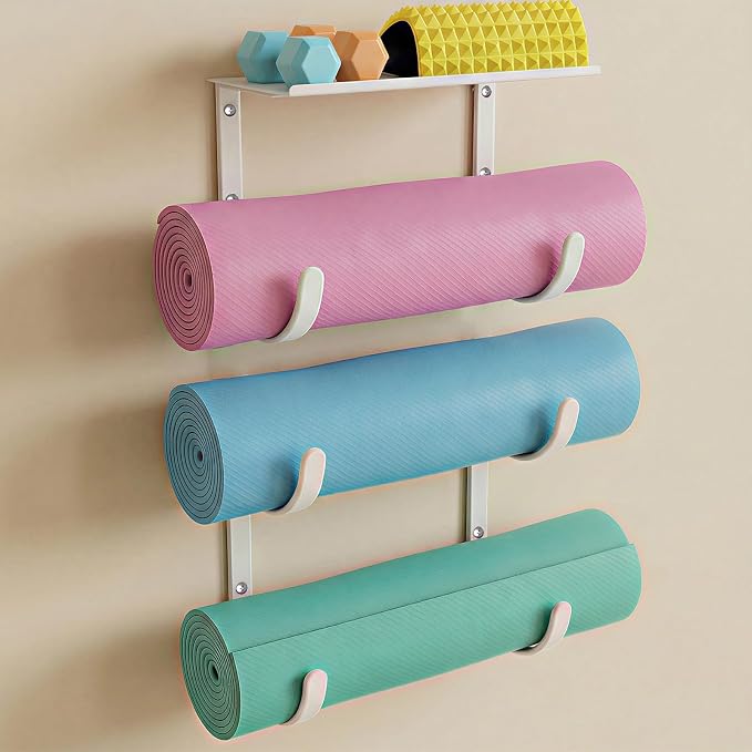 Yoga Mat Holder Wall Mount, No Tying, No Straps | Rubber-Coated Home Gym Storage Rack with Top Floating Shelf, 4-Tiers Holding Yoga Mat/ Blocks/ Rollers and Decorations