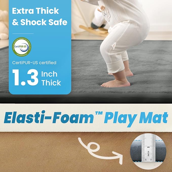 1.3" Thick Baby Floor Play Mat, 50x74 Padded Foam Tummy Time Crawling Mat, Non-Slip Water-Repellent Soft Plush Nursey Area Rug for Playroom Bedroom Living Room (Dark Gery)