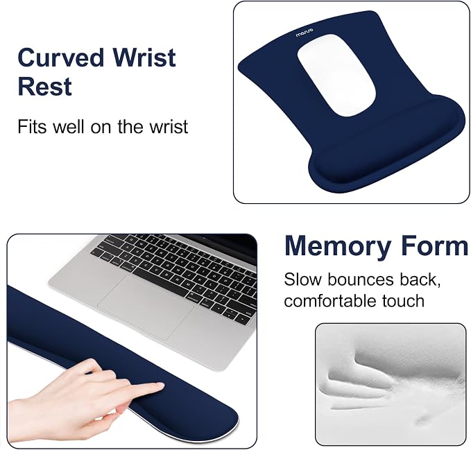 MOSISO Wrist Rest Support for Mouse Pad & Keyboard Set, Ergonomic Mousepad Non-Slip Base Home/Office Pain Relief & Easy Typing Cushion with Neoprene Cloth & Raised Memory Foam, Navy Blue