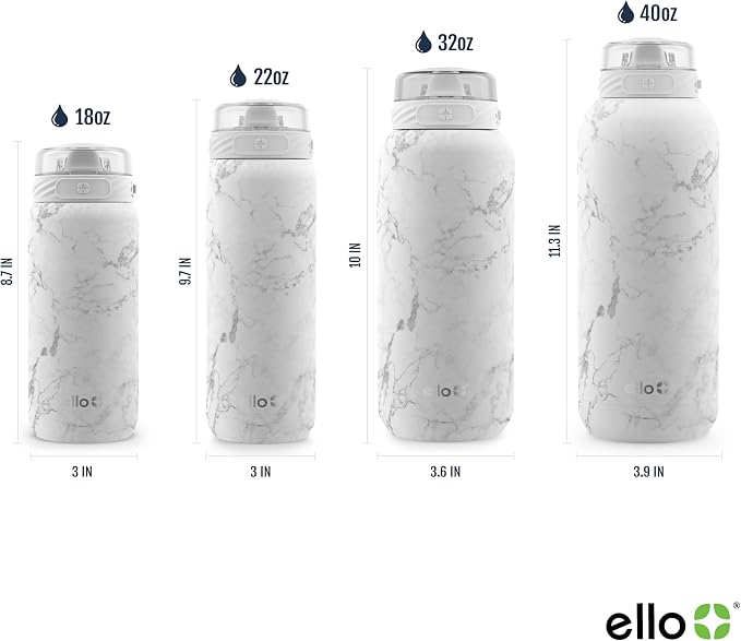 Ello Cooper 40oz Stainless Steel Water Bottle with Straw and Carry Handle, Double Walled and Vacuum Insulated Metal, Leak Proof Locking Lid with Soft Silicone Spout, Reusable, BPA Free, White Marble
