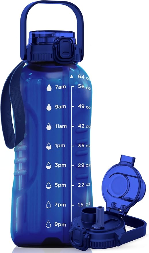 AQUAFIT 64 oz Water Bottle with Handle, 2in1 Lid | BPA Free Half Gallon Water Bottle with 2in1 Straw and Chug Lid - Leakproof Gym Water Bottle with Time Marker (Blue)