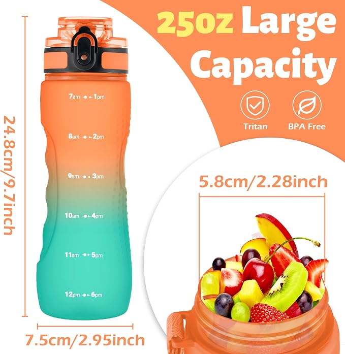 OLDLEY 25 oz Water Bottle, Motivational Water Bottle with Time Marker, Sports Water Bottle With Strap, Leakproof & BPA Free Large Water Bottles for School, Gym, Travel, Outdoor, Tritan,Orange&Green