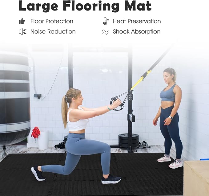Tangkula 48 Tiles Exercise Flooring With Border, Non-Slip EVA Foam Protective Mats, Elastic Puzzle Play, 1/2" Interlocking Floor for Home Gym, Fitness Room, Workshop Equipment (Black)