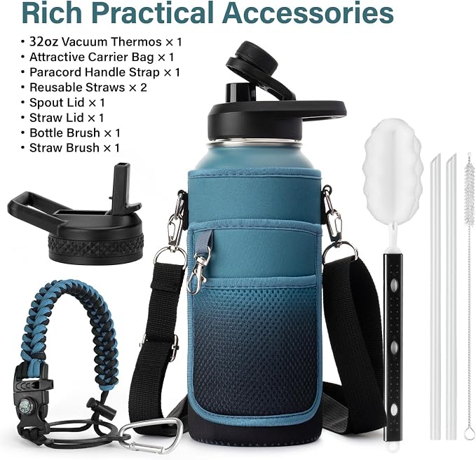 DYSANKY 32 oz Insulated Water Bottle | Thickened Stainless Steel Vacuum Metal | Portable Sports Water Jug for Gym and Hiking with Straw, Carrier Bag, Handle Strap | BPA-Free 32 oz