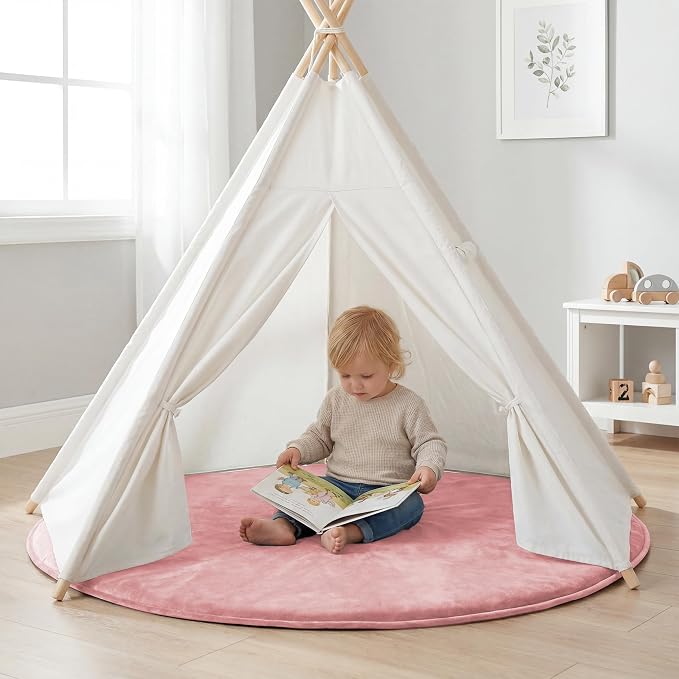 Baby Play Mat for Floor,Large 79in Round Mat for Toddler,Infant,Kids,1.3" Thick Non-Slip Nursery Rug,Water Repellent Soft Padded Activity Mats for Tummy Time, Crawling,Playroom(Pink)
