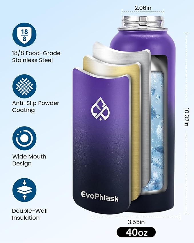 Insulated Water Bottle 40 oz with Carrier Bag, Purple/Black | Stainless Steel, Vacuum Insulated Keep Cold 48 Hrs, Large Metal Water Jug, For Travel, Sport, Gym, Hiking