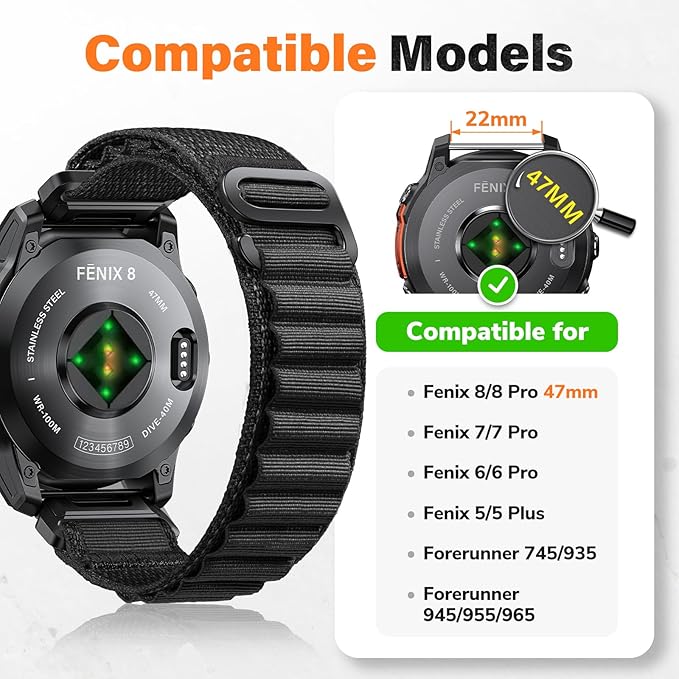 Alpine Loop Nylon Watch Band Compatible with Garmin Fenix 5/6/7/8 47mm, Quickfit 22mm Rugged Watch Bands for Garmin Epix Gen 2/Fenix 8 Pro 47mm/7 Pro/6 Pro/5 Plus/Forerunner 935/S62