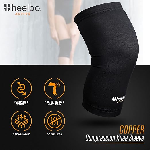 Heelbo Knee Compression Sleeve with Copper Infused Fibers and Breathable Fabric for Knee Pain Relief, Knee Support, Sore Muscles and Joints for Running, Jogging, Hiking or Arthritis, Black, Medium