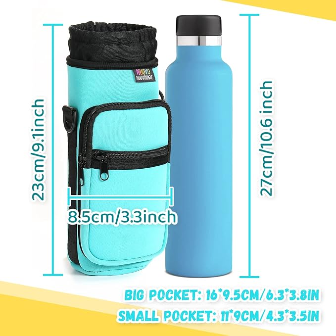 Nuovoware Water Bottle Carrier Bag, 25oz/32oz, Blue-green | Adjustable Shoulder Hand Strap, 2 Pocket, Neoprene Sleeve, For Hiking Travelling Camping