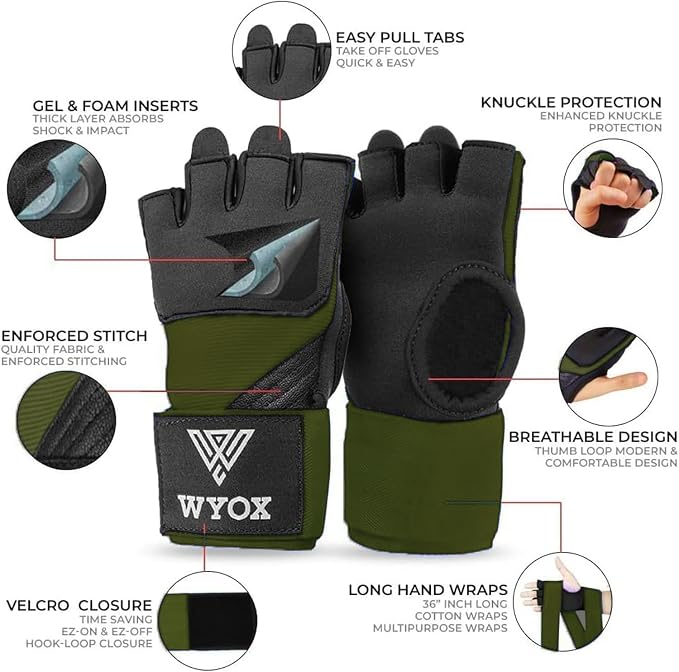 WYOX Neoprene Gel Boxing Hand Wraps Inner Gloves for Men & Women – 80cm/31in Quick Wrist Strap, Padded Knuckle Protection, Fingerless MMA Muay Thai Kickboxing Wraps for Training & Martial Arts