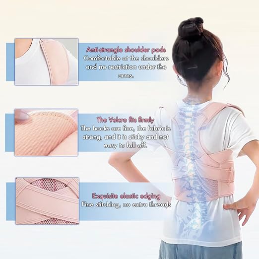 Back Brace Posture Corrector for Kids Teenagers Women, Adjustable Upper Back Straightener Lumbar Support Belt for Student Boys Girls Hunchback Scoliosis Pain Relief Spine Corrector (Pink, Medium)