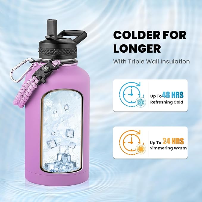 RAYMYLO Insulated Water Bottle 64 oz, Triple Wall Vacuum Stainless Steel | (Cold for 48 Hrs), Leak Proof & Non-BPA, Half Gallon Water Flask Jug with Paracord Handle & Straw Spout Lids, Lilac